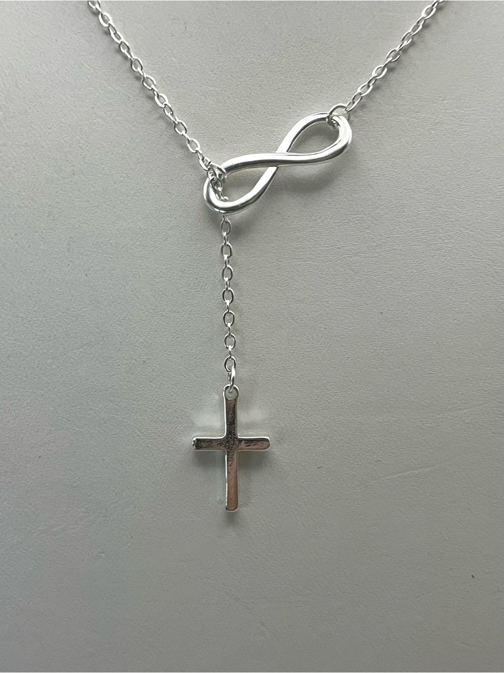 Silver Infinity Cross Necklace Lariat Y-Drop Faith Religious Dainty Minimalist